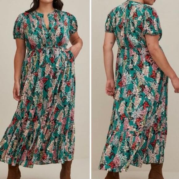 Torrid Green Floral Stretch Challis Pintuck Tiered Midi Dress Plus Size 3 3X - Picture 1 of 11